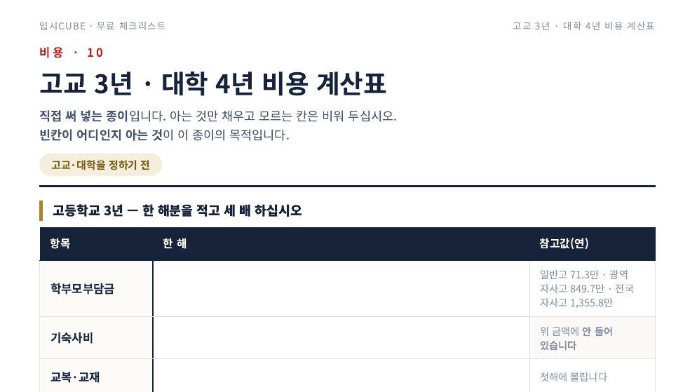고교 3년 · 대학 4년 비용 계산표